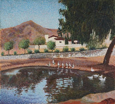 Scuola francese, inizi secolo XX - Paesaggio con stagno ed oche