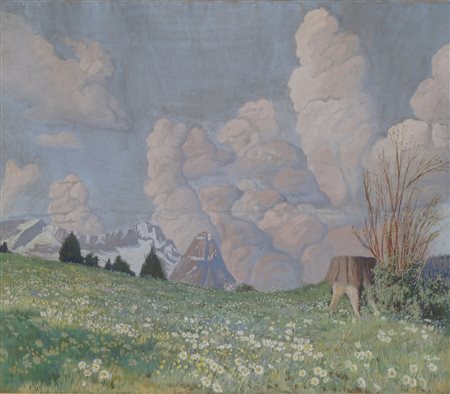 Anonimo di inizio XX secolo - Paesaggio montano con prato fiorito