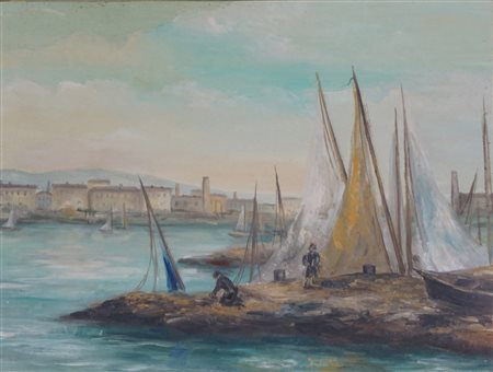 Anonimo di inizio XX secolo - Marina con città sullo sfondo