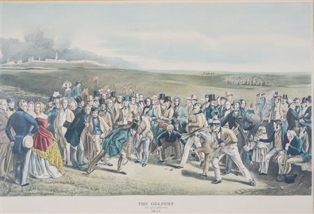 Litografia a colori dei primi del '900 raffigurante il dipinto "The Golfers" di Charles Lees