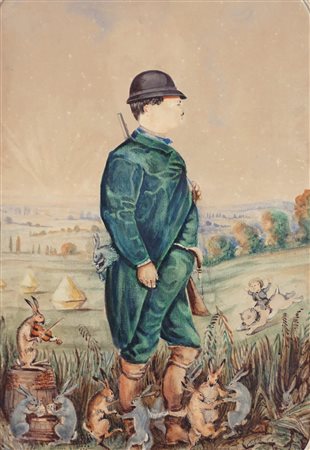 Scuola francese, fine secolo XIX - inizi secolo XX - Ritratto allegorico di cacciatore con coniglietti danzanti