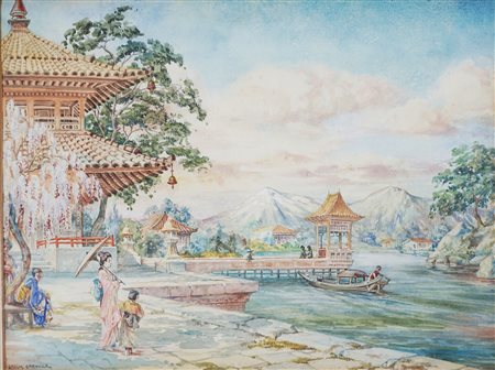 Scuola inglese, secolo XIX - Paesaggio giapponese con pagode e figure in kimono