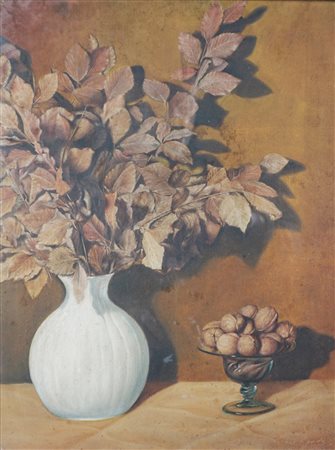 Scuola italiana, secolo XX - Natura morta con vaso e ciotola di noci