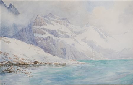 Scuola inglese del XIX secolo - Paesaggio montano innevato con lago alpino