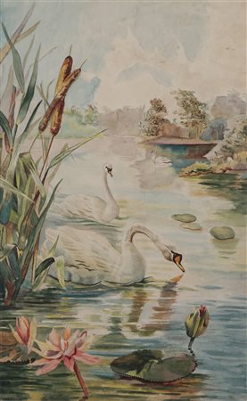 Scuola fine secolo XIX - Paesaggio lacustre con cigni