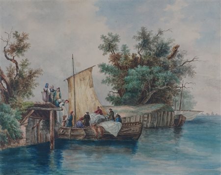 Anonimo di fine XIX secolo - Paesaggio lacustre con barca e pescatori