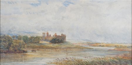 Scuola inglese del XIX secolo - Paesaggio lacruste con castello sullo sfondo