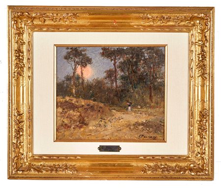 Guglielmo  Pizzirani ( Bologna, 1886 - Bologna , 1971) 
"Alba lunare estiva (Pineta di Ravenna)" 1922-25
Olio su Tavola Cm 23,5x27