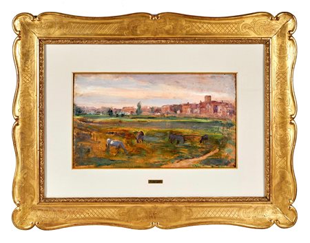 Garzia Fioresi (Vigevano, 03/06/1888 - Bologna, 29/03/1968) 
"Paesaggio con cavalli" 
Olio su cartone Cm 25,5x45