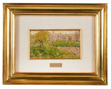 Flavio Bertelli (San Lazzaro di Savena, 15/08/1865 - Rimini, 29/12/1941) 
"Paesaggio" 
Olio su tavola  Cm 10x18