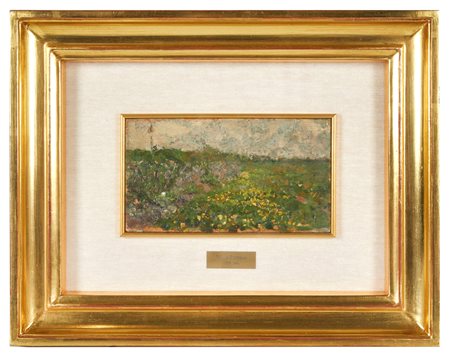 Flavio Bertelli (San Lazzaro di Savena, 15/08/1865 - Rimini, 29/12/1941) 
"Paesaggio" 
 Olio su tavola Cm 10x18