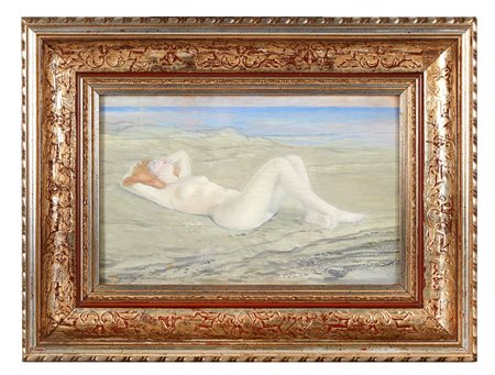 Camillo Innocenti (attribuito a) (Roma, 1871 - Roma, 1961) 
“Fanciulla distesa” 
Olio su tavola Cm 21,5x34