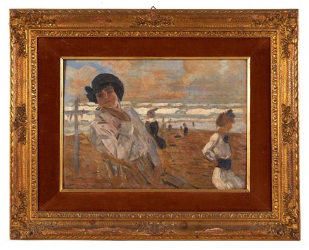 Ettore Tito (Castellammare di Stabia, 15/12/1859 - Venezia, 26/06/1941) 
 "Fanciulle al mare" 
Olio su tavola Cm 25x35,5