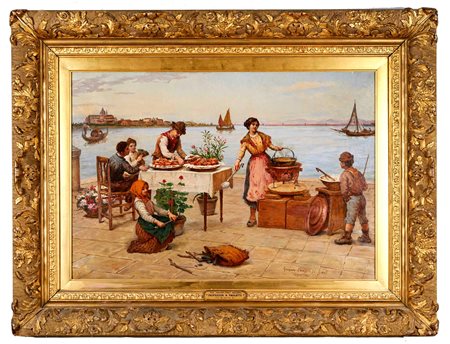 Antonio Ermolao Paoletti (Venezia, 8/05/1834 - Venezia, 13/12/1912) 
"I giovani venditori di frutta" 
Olio su tela Cm 56x81,5