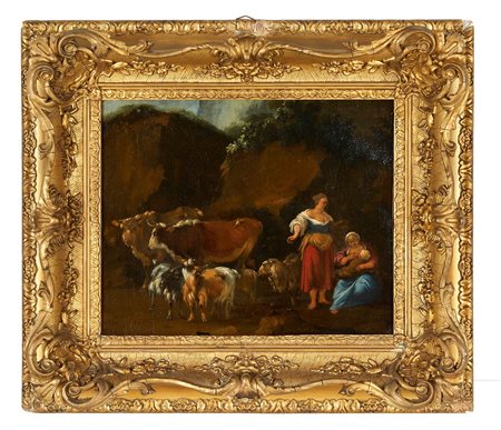 Nicolaes Berchem (ambito di) (Haarlem, 1/10/1620 - Amsterdam , 16/02/1683) 
"Armenti e pastorelle" 
 Olio su tela Cm 31x36
