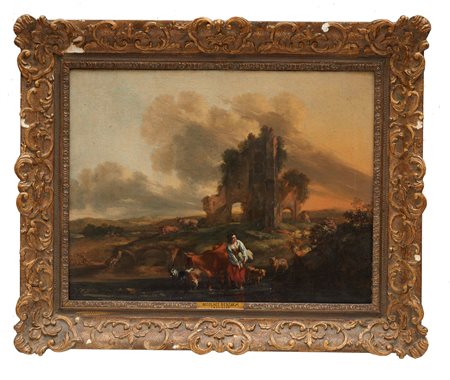 Nicolaes Berchem (ambito di) (Haarlem, 1/10/1620 - Amsterdam , 16/02/1683) 
"Scena campestre" 
Olio su tela Cm 43x56