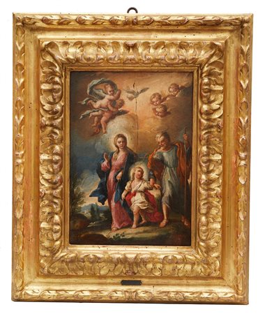 Gaspare Diziani (attribuito a) (Belluno, 1689 - Venezia, 1767) 
"Sacra Famiglia con angeli in gloria" 
Olio su tavola Cm 36x26