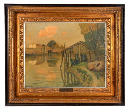 Vettore Zanetti Zilla (Venezia , 21/03/1864 - Milano, 6/02/1946) 
"Canale delle Vignole" 
Olio su tavola Cm 40x49,5