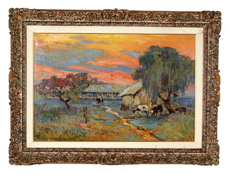 Marius Hubert-Robert (Parigi , 1885 - Parigi , 1966) 
“Paesaggio al tramonto” 
Olio su tela Cm 52,5x80