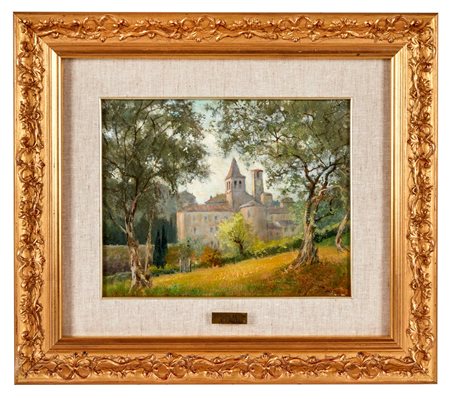 Giovanni Secchi (Bologna, 24/03/1876 - Darfo, 4/10/1950) 
"Mattino ad Anghiari" 1940
Olio su cartone Cm 27x35