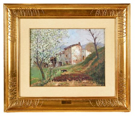Giovanni Secchi (Bologna, 24/03/1876 - Darfo, 4/10/1950) 
"Casolare in primavera" 
Olio su tavola in legno  Cm 27x35