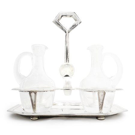 Oliera in argento 925 con ampolle per olio e aceto in vetro