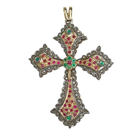 Croce in argento e oro basso titolo con rubini, smeraldi e diamanti taglio brillante