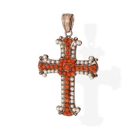 Croce in argento 925  con coralli e perline.