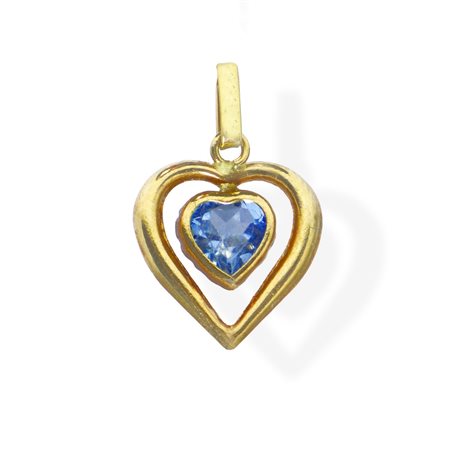 Piccolo pendentif a forma di cuore in oro giallo 750 con cuore in acquamarina centrale