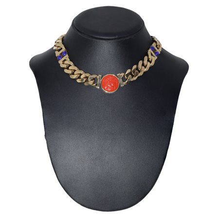 Bijoux Cascio - Collana in metallo dorato e cammeo rosso e blu, 1970s