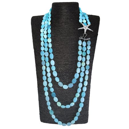 Collana con tre fili di lunghezze crescenti in ovalini di Larimar lucido
