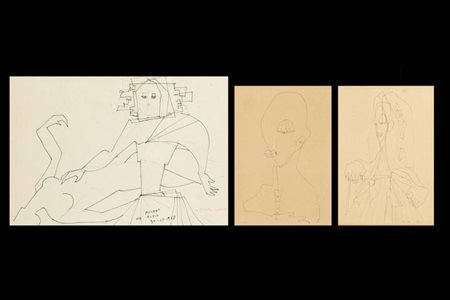 PONTE CORVO (Raffaele Pontecorvo)<BR>Roma 1910 - 1983 Torino<BR>a-"Donna" 1958<BR>b-"Studio per figure" 30/11/1958<BR>c-"Figura mostruosa" 1958