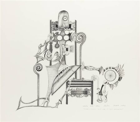 PONTE CORVO (Raffaele Pontecorvo)<BR>Roma 1910 - 1983 Torino<BR>"Signora a monocolo seduta sopra un seggio rinascimentale" 1972