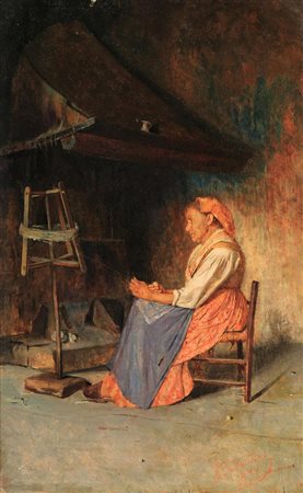 Giuseppe Costantini (1844-1894) - Interno con donna che fila 1878