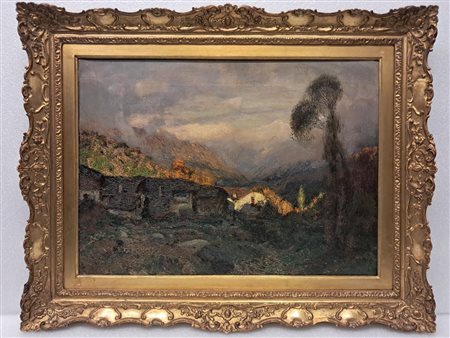 Andrea Tavernier (1858-1932) - Tramonto dietro le baite 1908