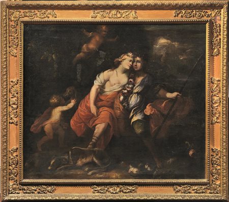 Scuola genovese, sec. XVII VENERE E ADONE olio su tela, cm 156x181 entro...