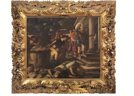 Scuola Italia centrale , sec. XVII GESU' SCACCIA I MERCANTI DAL TEMPIO olio...