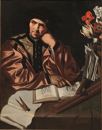 Scuola lombarda, sec. XVII RITRATTO DI BOTANICO olio su tela, cm 98x76,5...