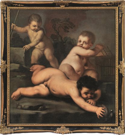 Scuola emiliana, fine sec. XVII- inizi XVIII GIOCO DI PUTTI CON UCCELLINO...