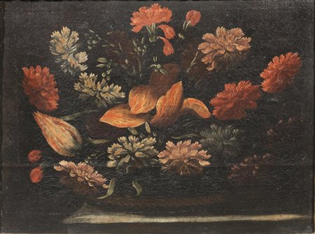 Scuola Italia centrale, sec. XVII COMPOSIZIONE DI FIORI SU BASAMENTI IN...