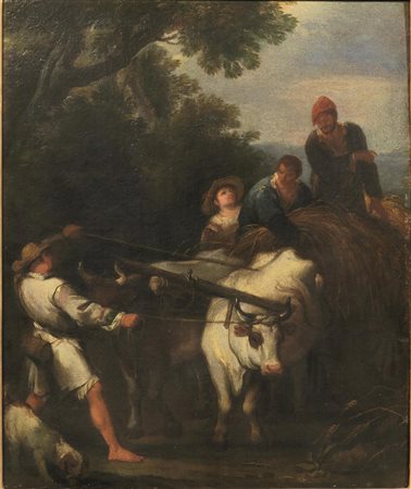 Cerchia di Paolo Monaldi , sec. XVIII CARRO DI BUOI E CONTADINI olio su tela,...