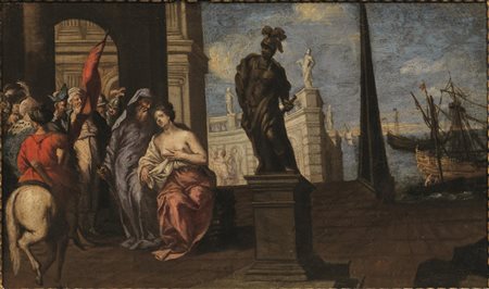 Scuola veneta, fine sec. XVII SCENA STORICA olio su tela, cm 37,5x62,5