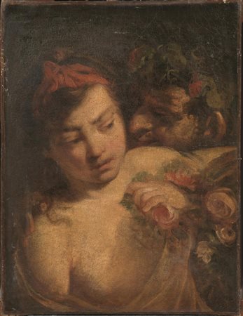Scuola bolognese , sec. XVII -XVIII SATIRO E NINFA olio su tela, cm 63,5x47 ,...