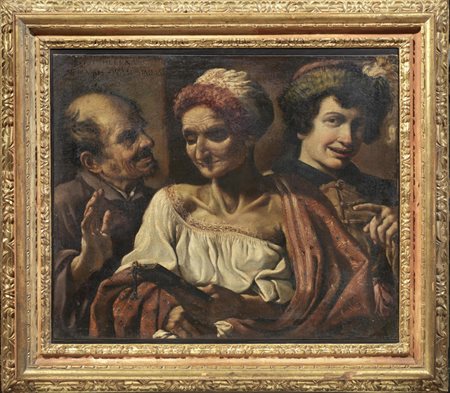 Sc uola Italia centrale, sec. XVII SCENA ALLEGORICA CON TRE FIGURE olio su...