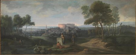 Scuola di Jan Frans Van Blo e men PAESAGGIO CON ROVINE E FIGURE olio su tela,...