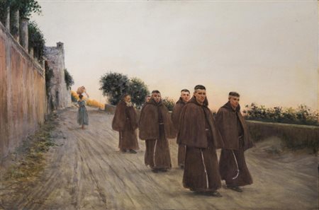 Vincenzo Caprile (Napoli 1856 - 1936) STRADA DI CAMPAGNA CON FRATI acquerello...