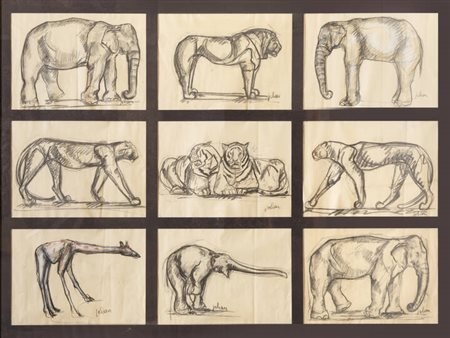 ETIENNETTE JOHAN<BR>Spagna XX secolo<BR>Lotto di 9 disegni "Animals"