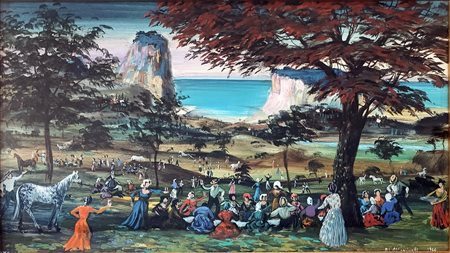 MARINELLI MARIO Ancona (An) 1906 Pic nic 1963 Olio su tavoletta 20,00x35,00...