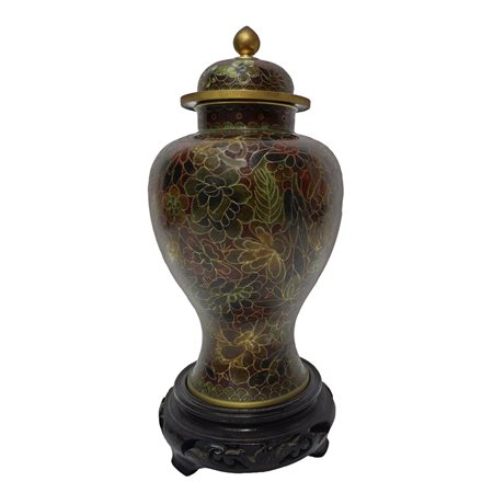 Potiche cinese cloisonnet in ceramica marrone con decori dorati floreali, interno turchese