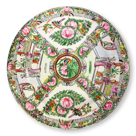 Piatto cinese dipinto policromo con scene di vita